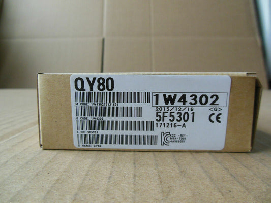 Mitsubishi QY80 Output Unit PLC Module in box, new in box. Model number 1W4302, 5F5301, from Radwell.