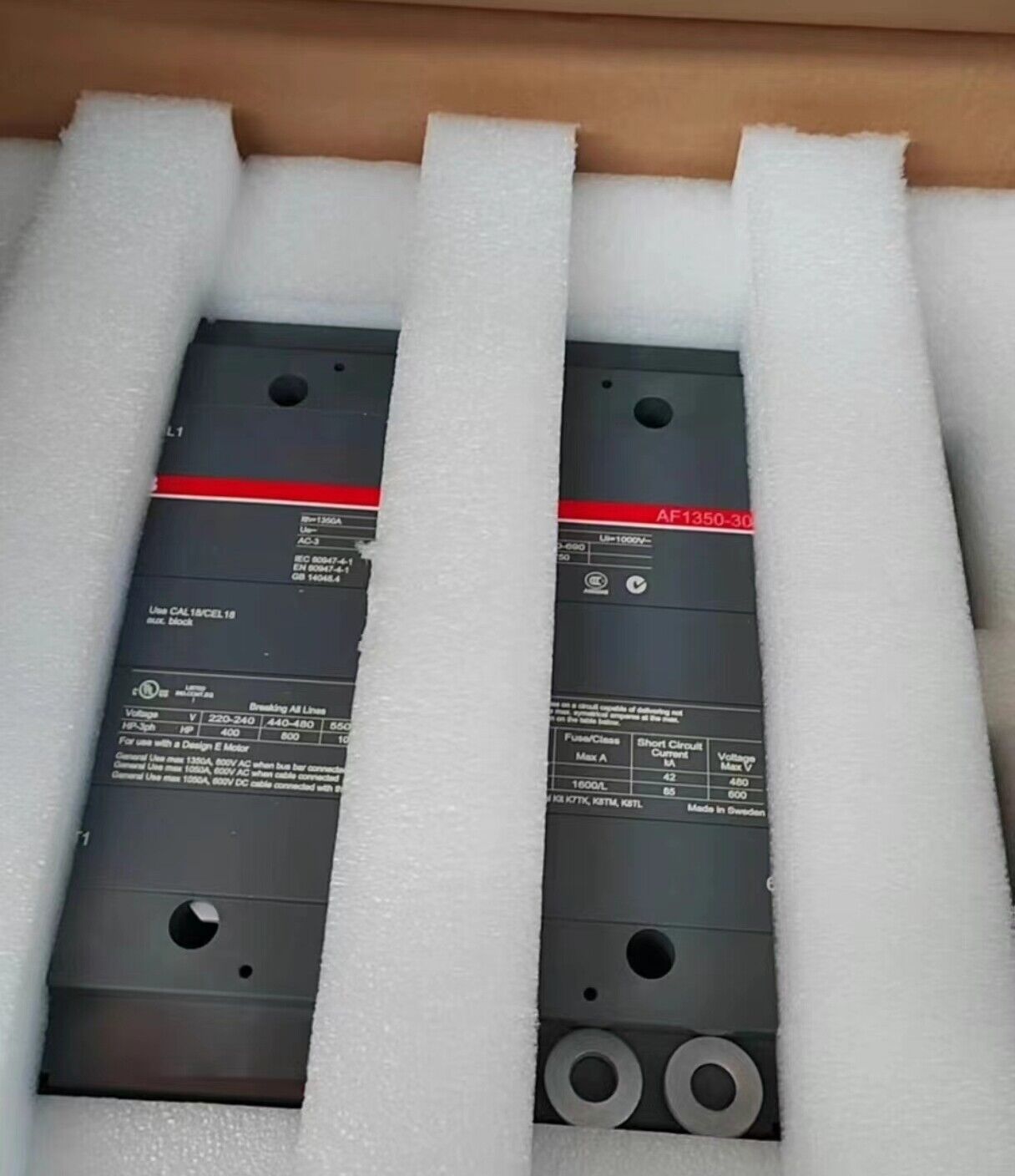 ABB AF1350-30 contactor, industrial automation component, packaged with specifications. Made in Sweden.