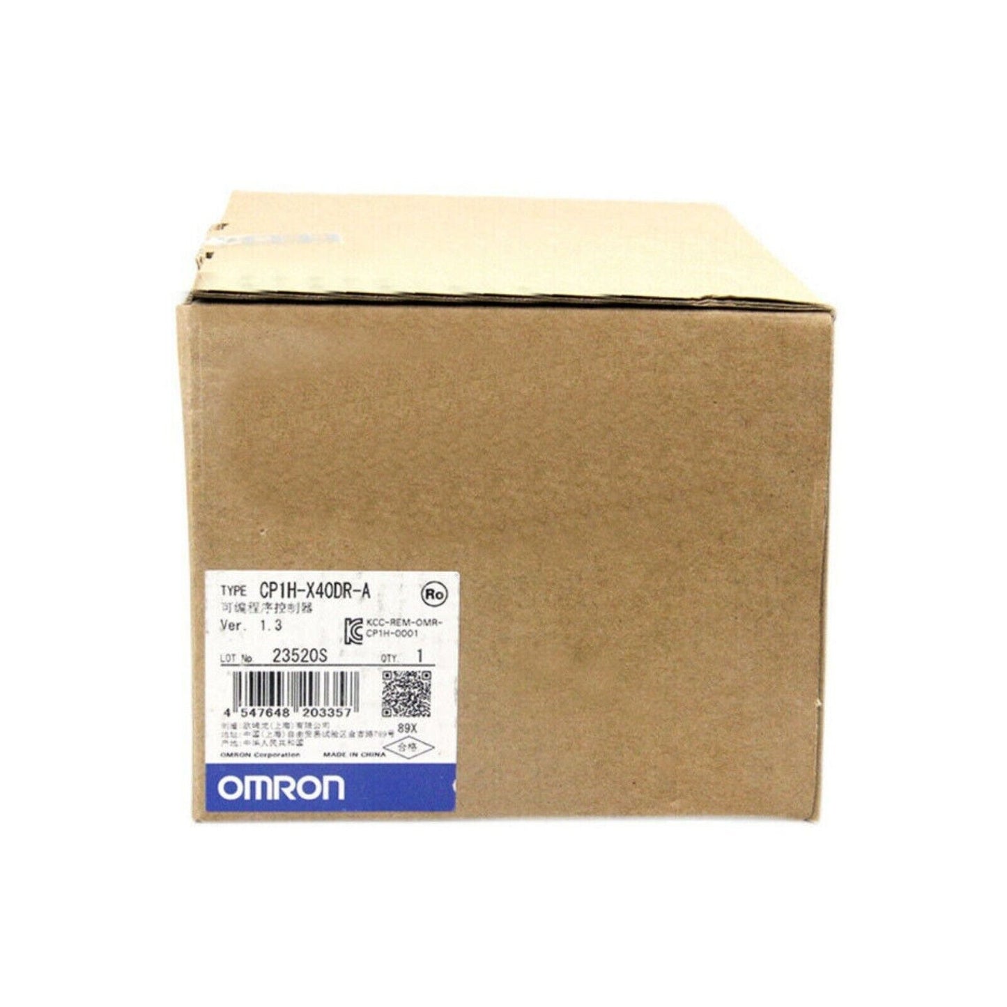Omron CP1H-X40DR-A PLC Module in original packaging, brown cardboard box with product information.