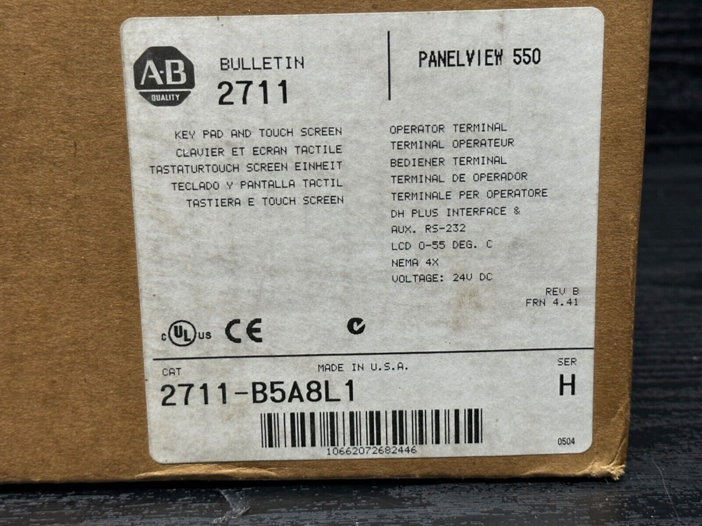 Allen-Bradley 2711-B5A8L1 PanelView 550 box label. Featuring product details, Made in U.S.A., and key pad information.