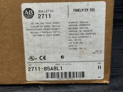 Allen-Bradley 2711-B5A8L1 PanelView 550 box label. Featuring product details, Made in U.S.A., and key pad information.