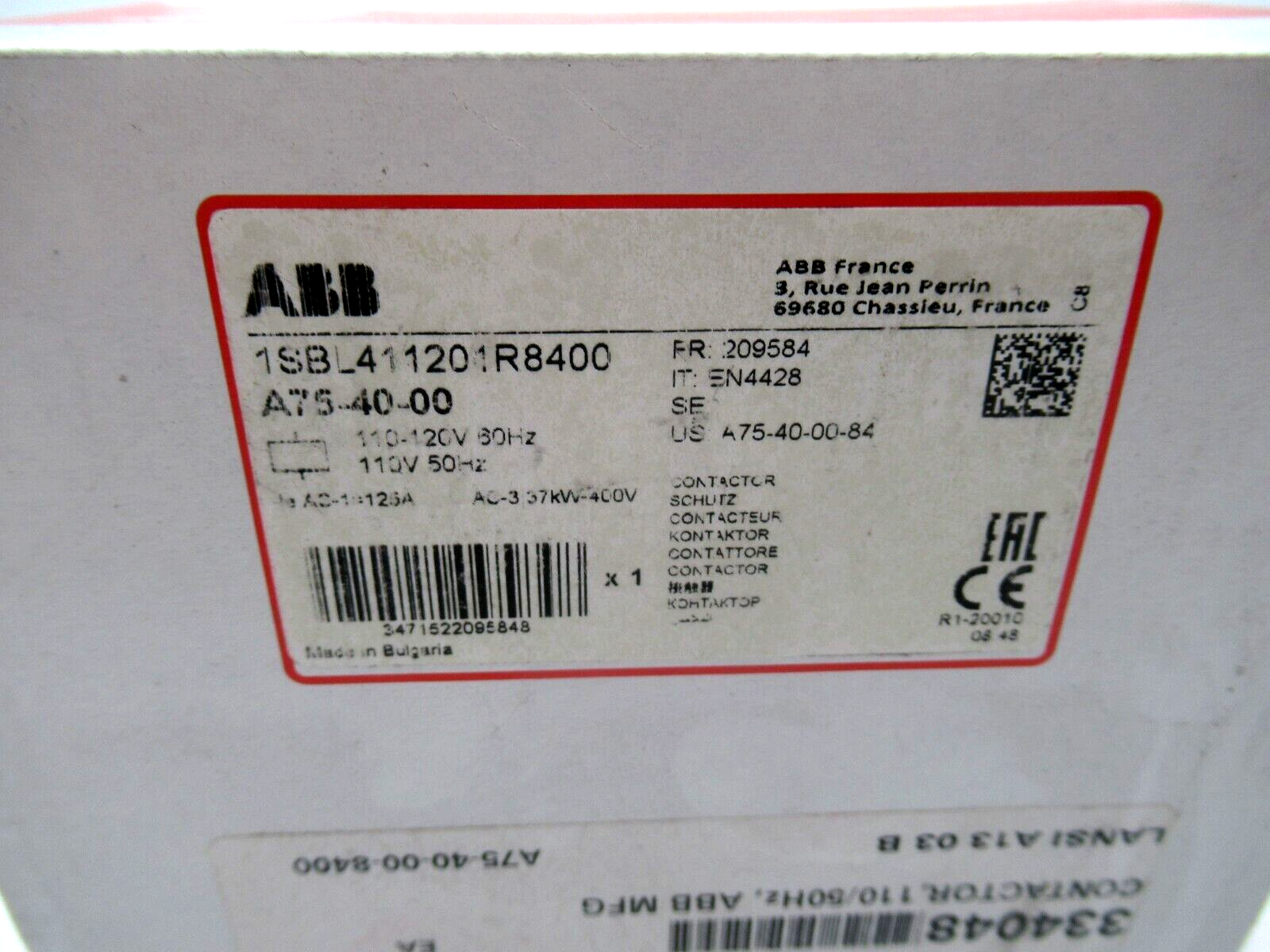ABB A75-40-00 Contactor in original box, 110V 50Hz. Industrial electrical component. 1SBL411201R8400.