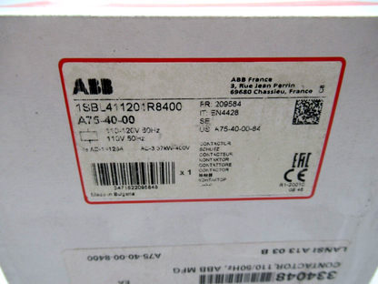 ABB A75-40-00 Contactor in original box, 110V 50Hz. Industrial electrical component. 1SBL411201R8400.