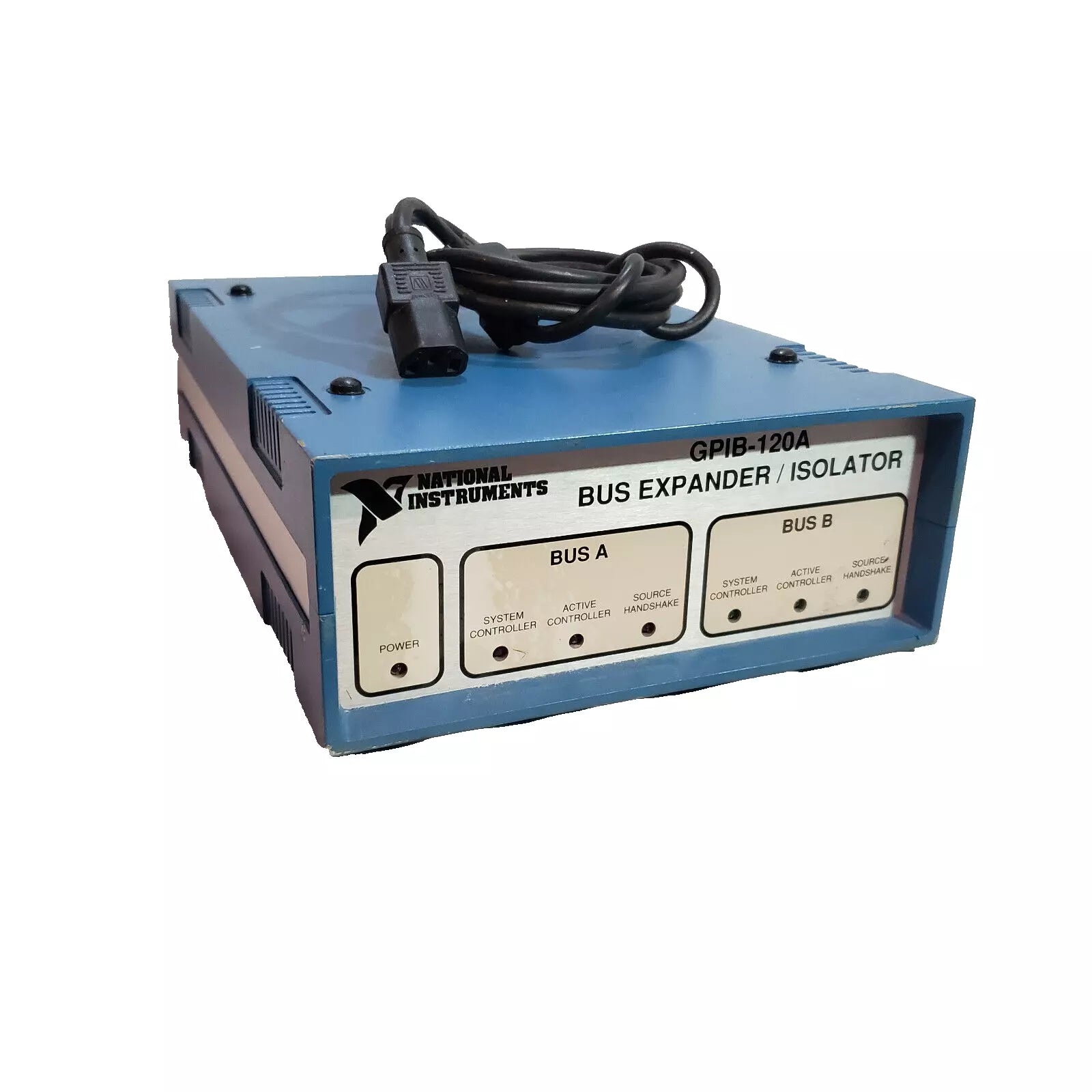 GPIB-120A Bus Expander/Isolator by National Instruments. Blue industrial automation device with power connector.