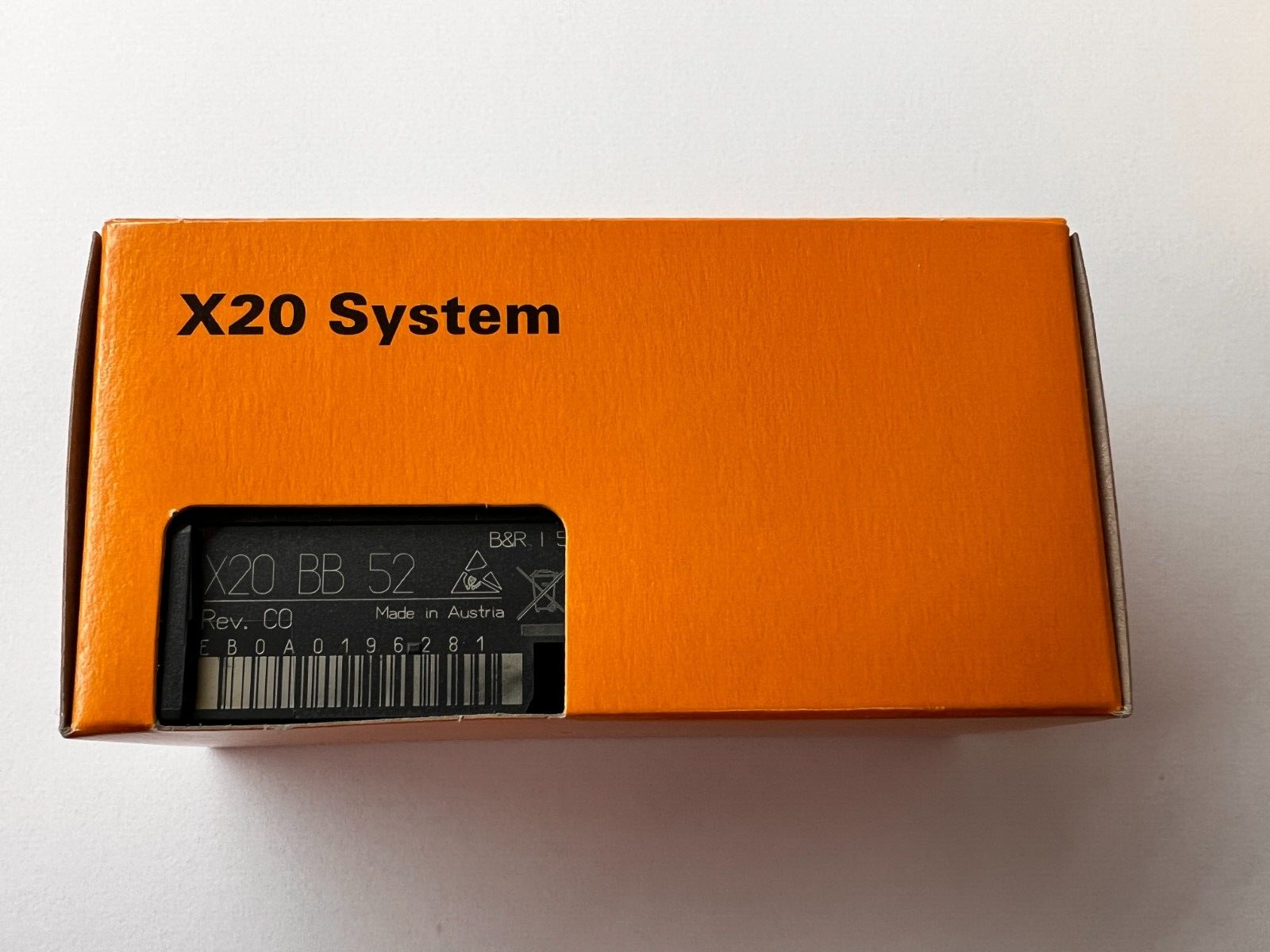 B&R X20 System BB52 bus module in an orange box. X20 Series socket base module.