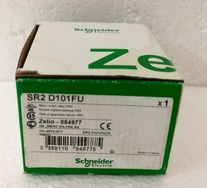 Schneider Electric SR2 D101FU compact smart relay package, Zelio Logic, 100-240V AC, with product details printed on the box.