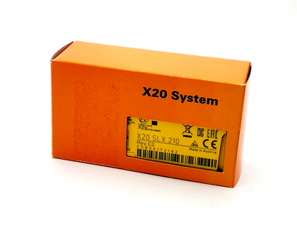 B&R X20 SLX210 I/O Module orange box, product information label, Made in Austria, for industrial automation.