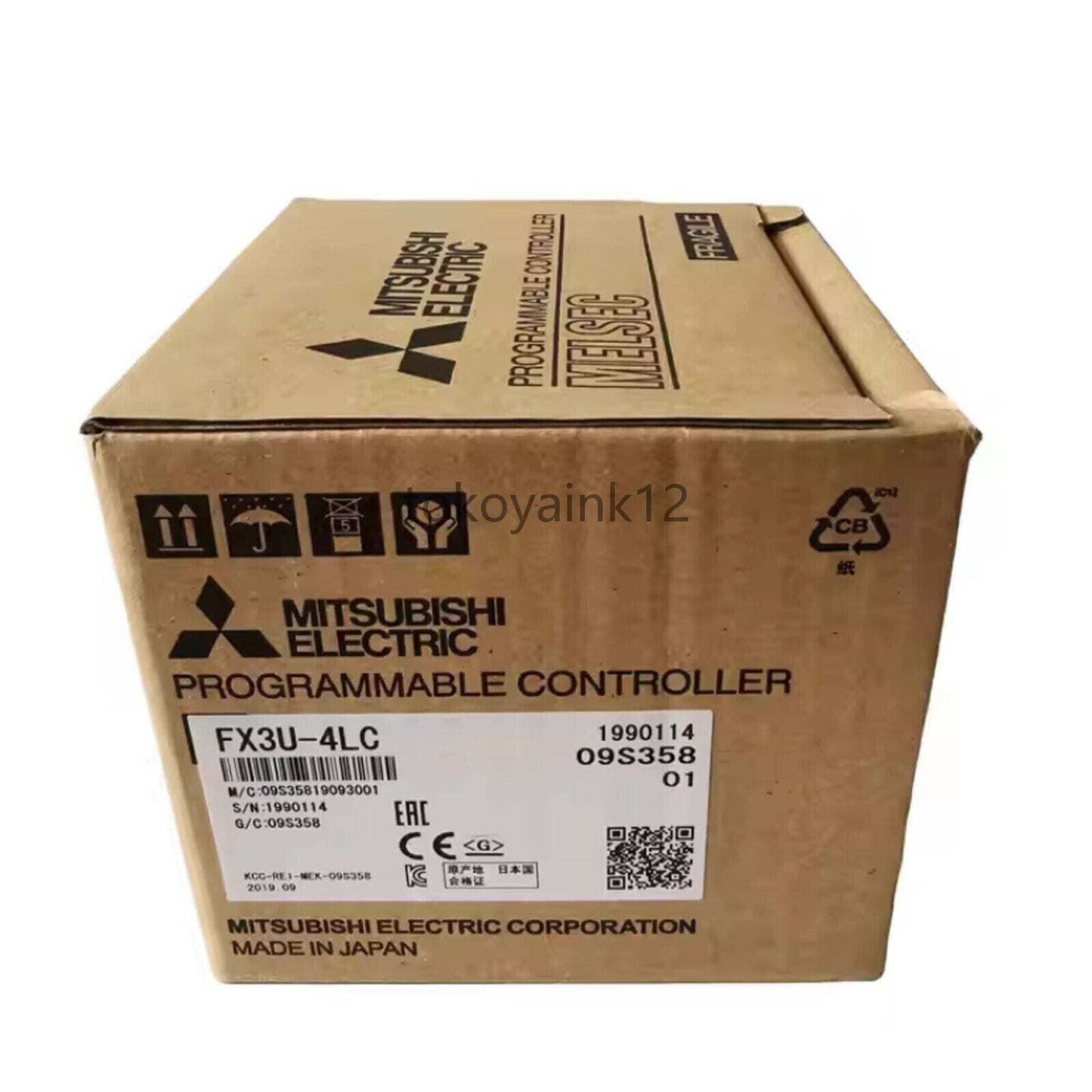 Mitsubishi FX3U-4LC PLC Module in cardboard box. Industrial automation parts, MELSEC programmable controller.