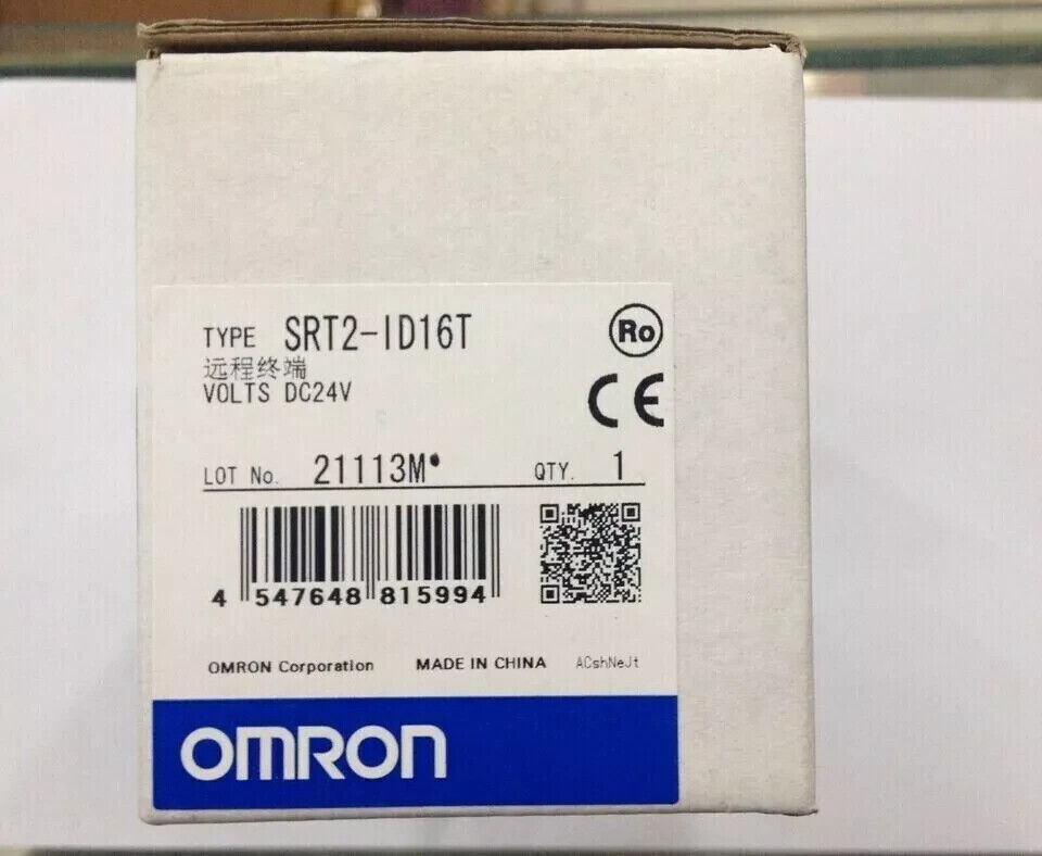 Brand new Omron SRT2-ID16T PLC module packaging. Features product specifications, and Omron logo, for industrial automation.