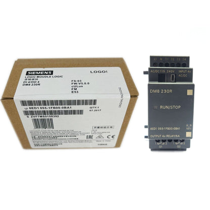 Siemens DM8 230R PLC Module with box, 6ED1055-1FB00-0BA1 industrial automation part, featuring AC/DC input and output.