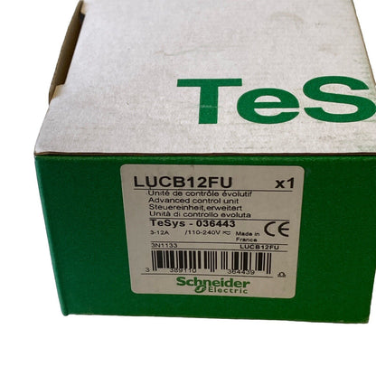 Schneider Electric LUCB12FU Control Unit Circuit Breaker product box, green and white.