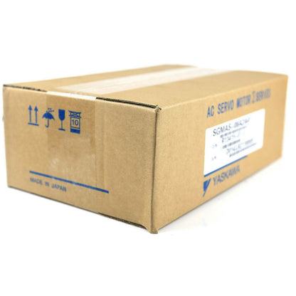 Yaskawa AC Servo Motor SGMAS-08A2A41 in cardboard box, Made in Japan, industrial automation component.