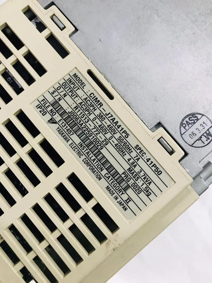 YASKAWA CIMR-J7AA41P5 industrial automation inverter, 400V, IP20 rated, Made in Japan. Industrial control part.