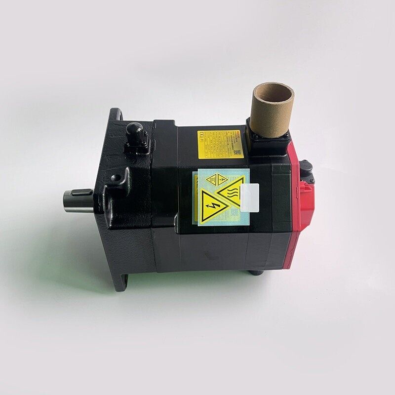FANUC A06B-2048-B605#0042 Servo Motor, Black and Red industrial component with warning labels.