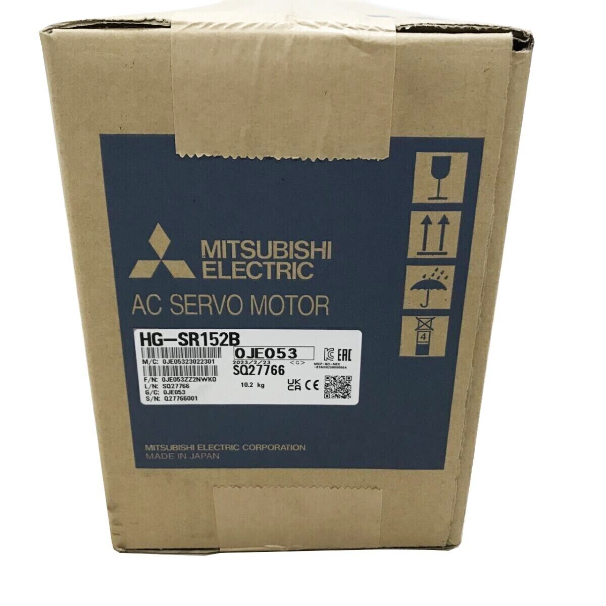 Mitsubishi HG-SR152B AC Servo Motor in its original packaging, Made in Japan. SQ27766 model with OJE053 details.