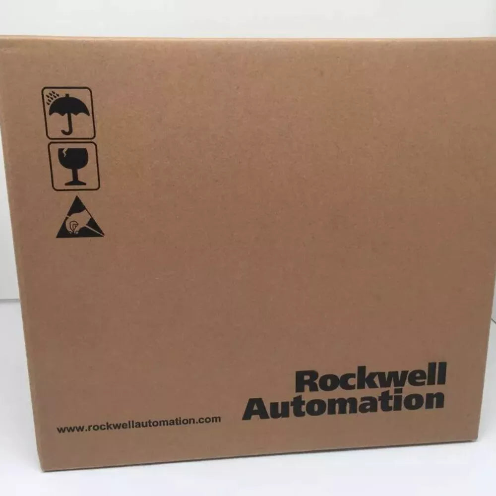 Rockwell Automation Box for PLC products, brown cardboard packaging, shipping symbols, industrial equipment