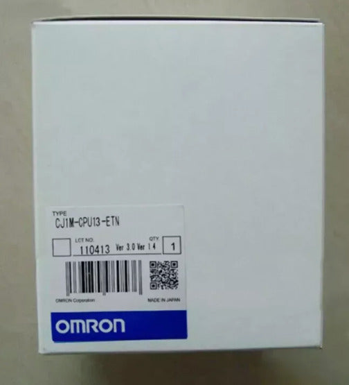 Omron CJ1M-CPU13-ETN PLC Module in box, white packaging with product label and barcode.