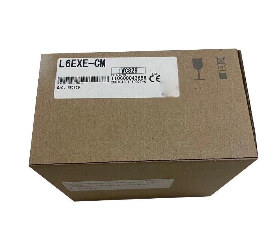 Mitsubishi L6EXE-CM Sealed PLC Module Box. Featuring L6EXE-CM, 1WC829, 110600043686, and CE marking