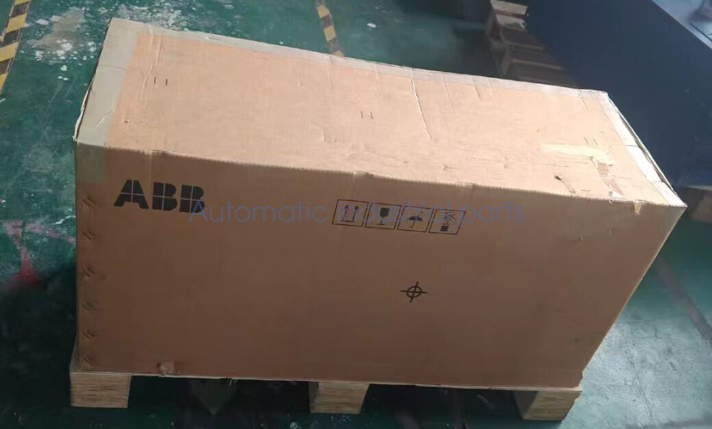 ABB ACH550-UH-125A-4 inverter in cardboard box on wooden pallet, Industrial Automation parts.