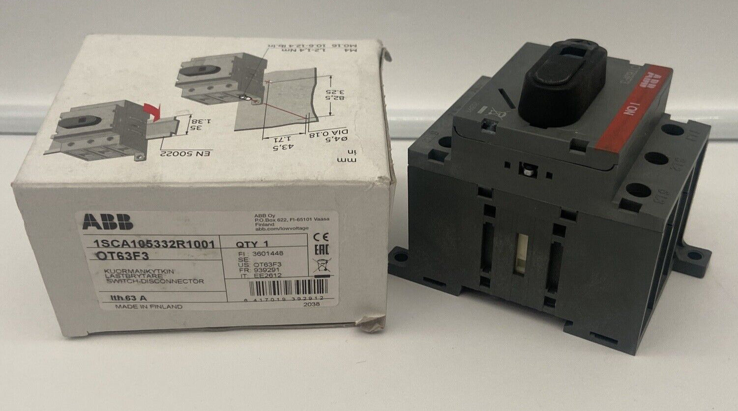 ABB OT63F3 Disconnector Switch, black plastic housing with a red label, and product box with specifications and markings.