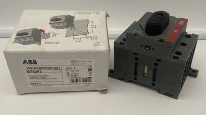 ABB OT63F3 Disconnector Switch, black plastic housing with a red label, and product box with specifications and markings.