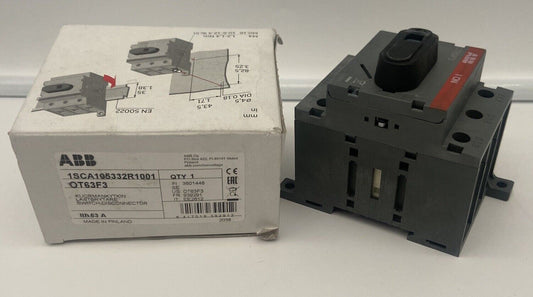 ABB OT63F3 Disconnector Switch, black plastic housing with a red label, and product box with specifications and markings.