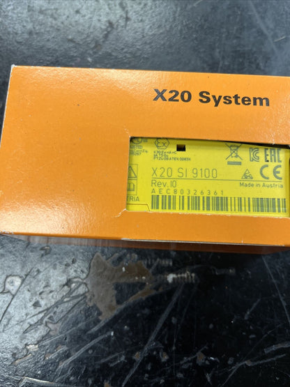 B&R X20 SI 9100 I/O Module. Orange box with X20 System text and product information, Rev. 10, Made in Austria