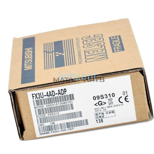 Mitsubishi FX3U-4AD-ADP PLC Controller in original packaging, product label showing model number and specifications.