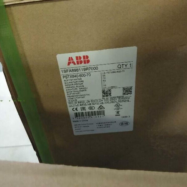 ABB PSTX840-600-70 Soft Starter label on cardboard box, PLC industrial automation parts