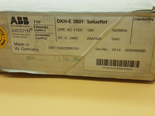 ABB AXODYN DKH-E 2601 servo drive label, 16A 50/60Hz. Industrial automation part from W.-Germany.