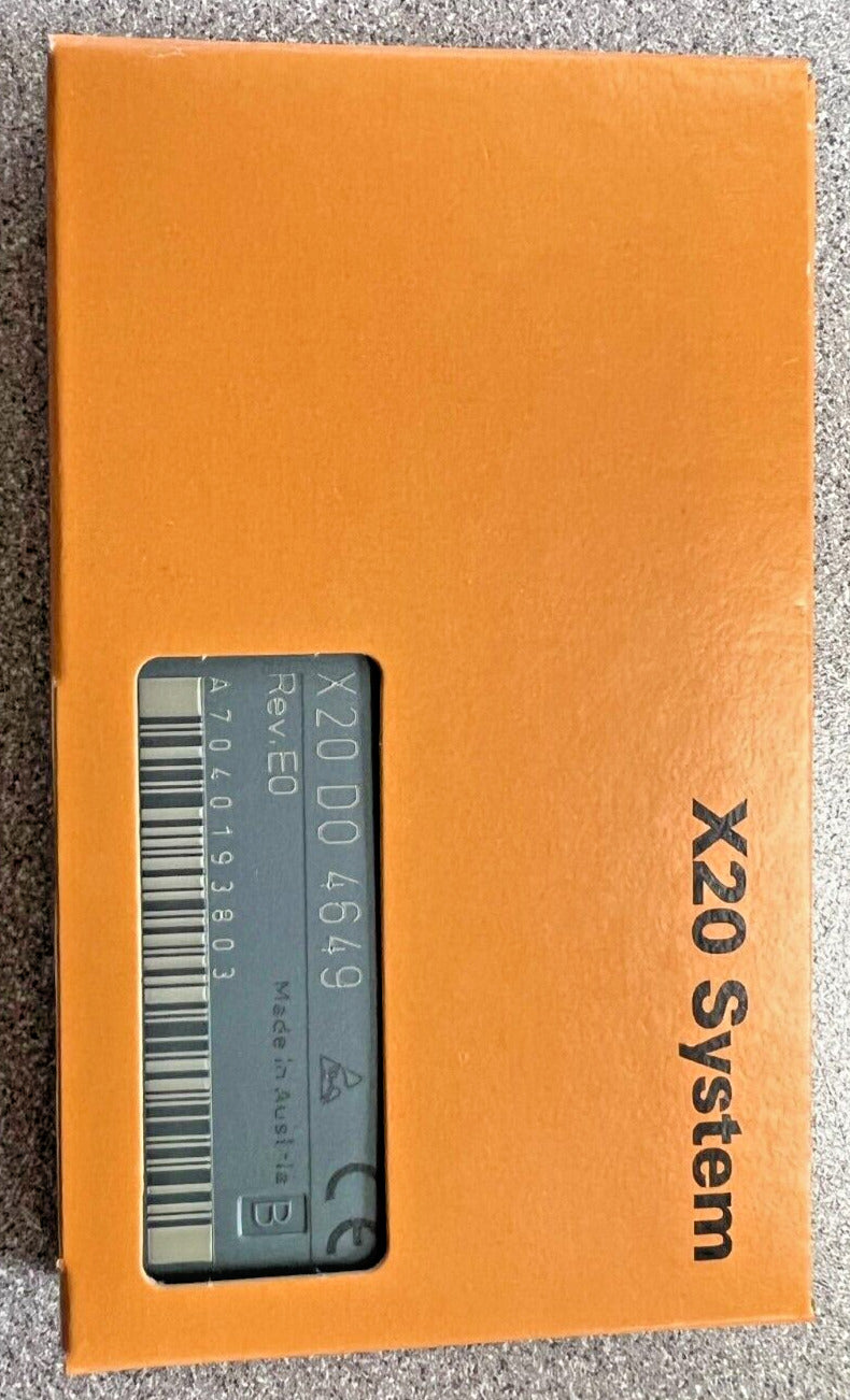 B&R X20 DO 4649 output module, new in box. Orange packaging with product information, featuring X20 System text.