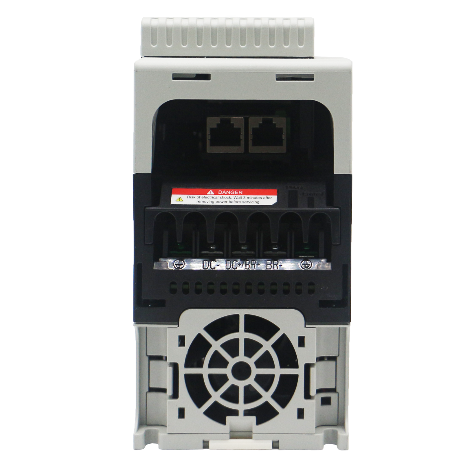 Allen-Bradley PowerFlex 527 AC Drive 480V rear view. Shows ports, terminals and warning about electrical shock.