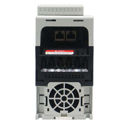 Allen-Bradley PowerFlex 527 AC Drive 480V rear view. Shows ports, terminals and warning about electrical shock.