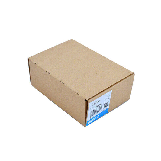 Omron CJ1W-TC001 PLC module in a cardboard box.
