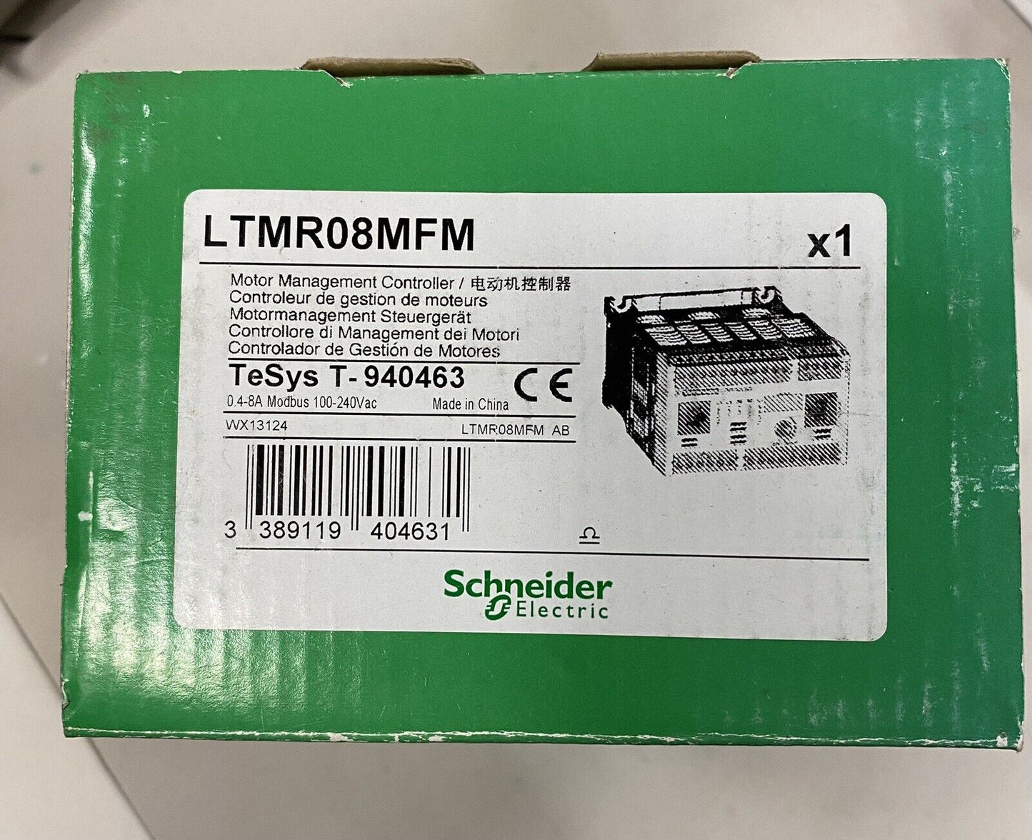 Schneider Electric LTMR08MFM Motor Management Controller in green box, new industrial automation component.
