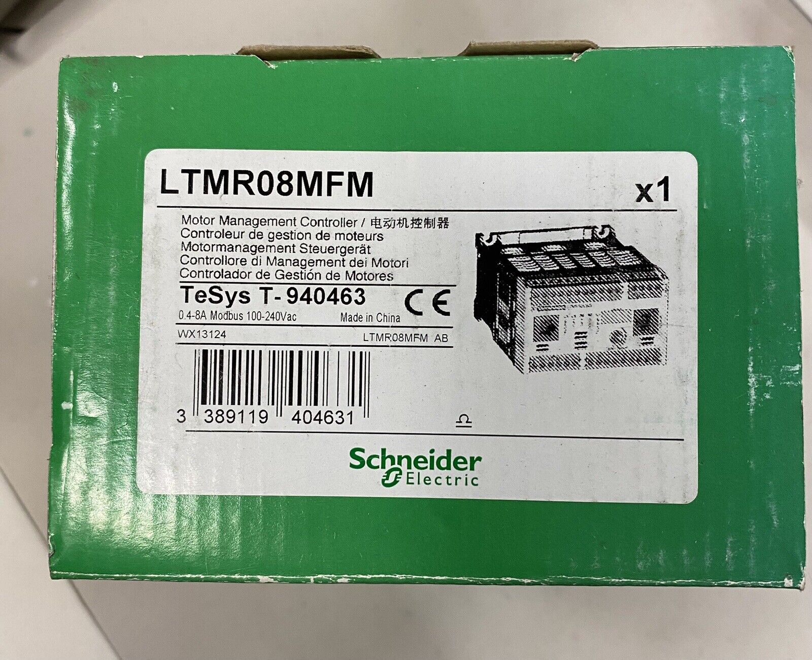 Schneider Electric LTMR08MFM Motor Management Controller in green box, new industrial automation component.
