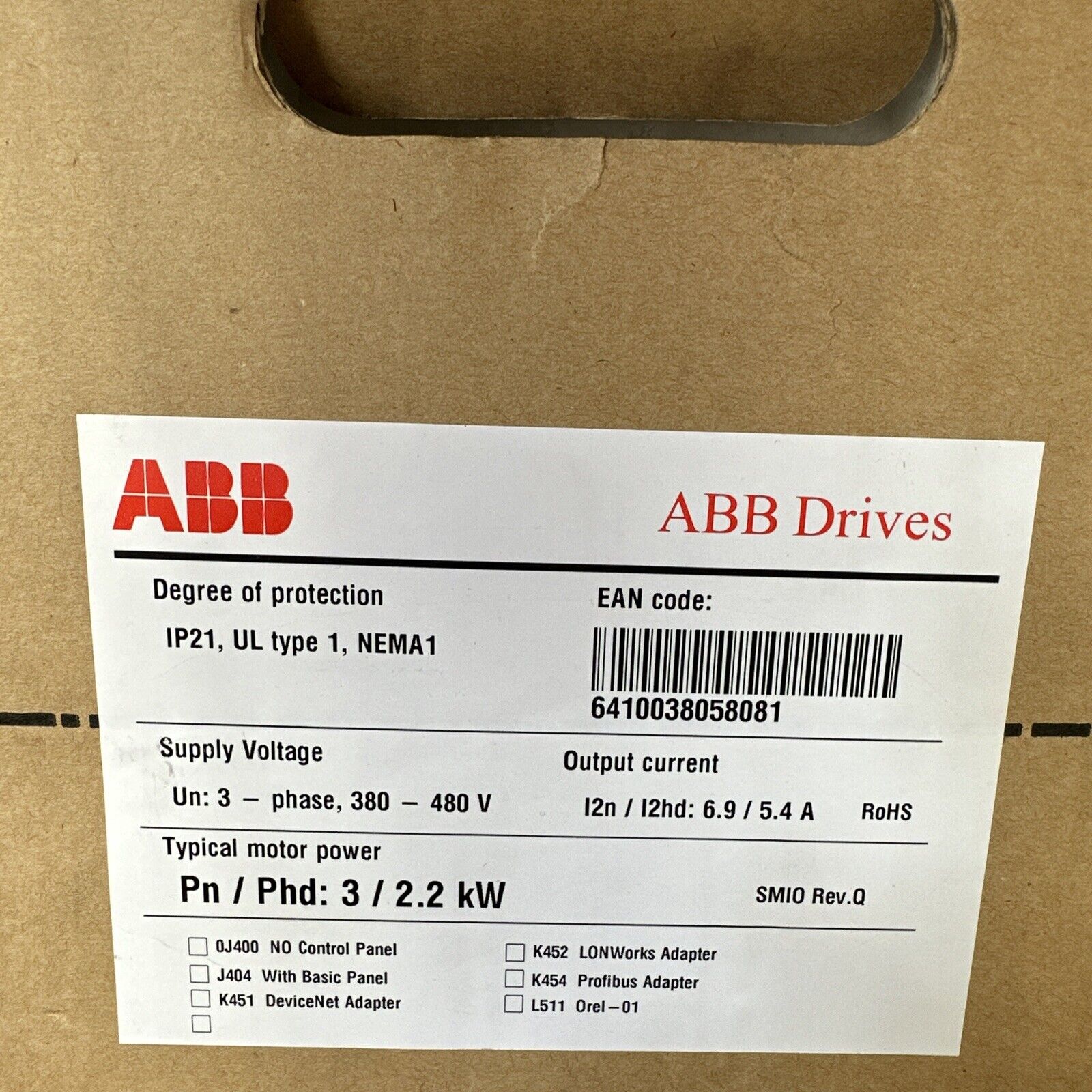 ABB ACS550-01-06A9-4 Drive Inverter Label - 380-480V, 2.2kW, EAN: 6410038058081