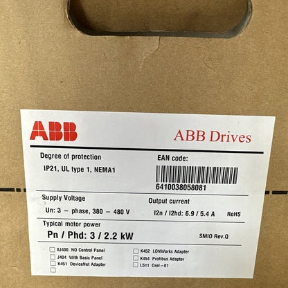 ABB ACS550-01-06A9-4 Drive Inverter Label - 380-480V, 2.2kW, EAN: 6410038058081