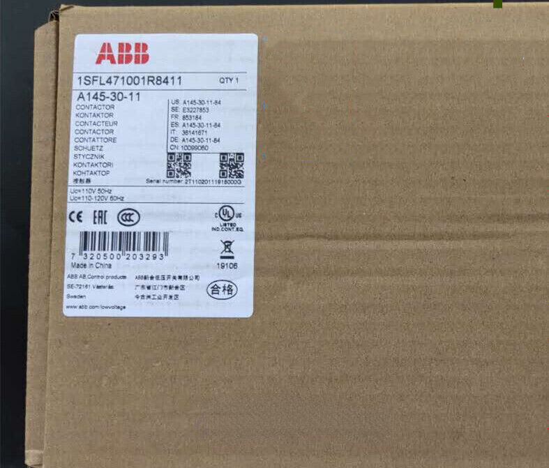 ABB A145-30-11 Contactor Module, product label. Industrial automation part specifications and certifications.