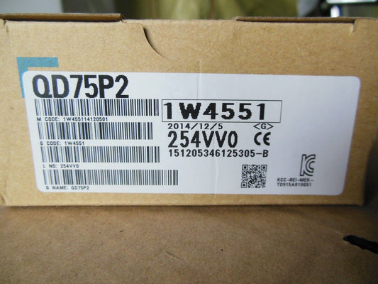 Mitsubishi QD75P2 Positioning Unit label. Product code 1W4551 with CE marking and barcode for PLC part.