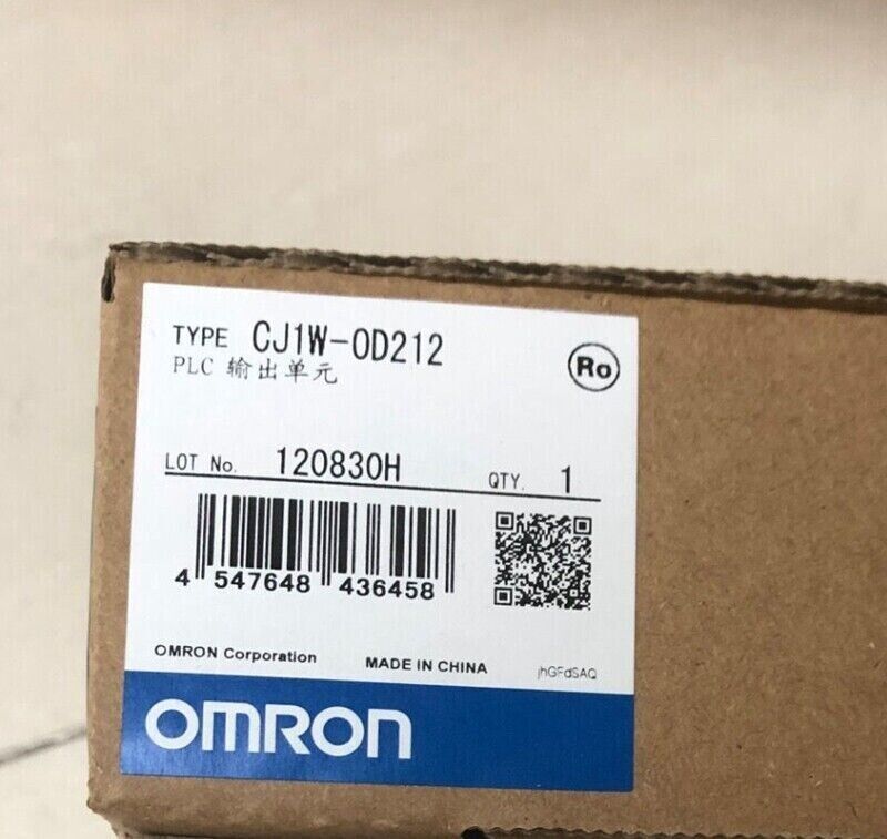 Omron CJ1W-OD212 PLC Output Unit Module Box, featuring product details, barcode, and brand logo.