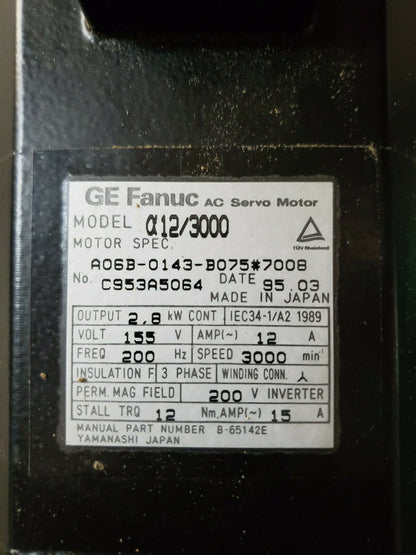 GE Fanuc A12/3000 AC Servo Motor, A06B-0143-B075#7008, industrial automation part, Made in Japan.