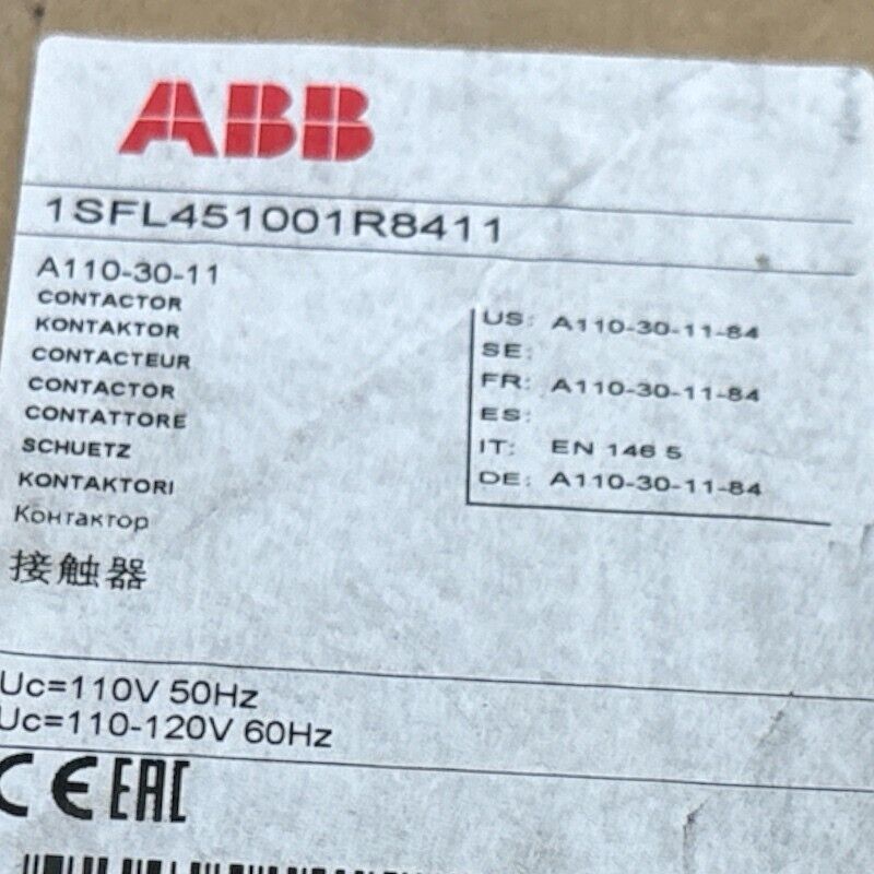 ABB A110-30-11 Contactor label showing part number, voltage, and specifications for industrial automation.