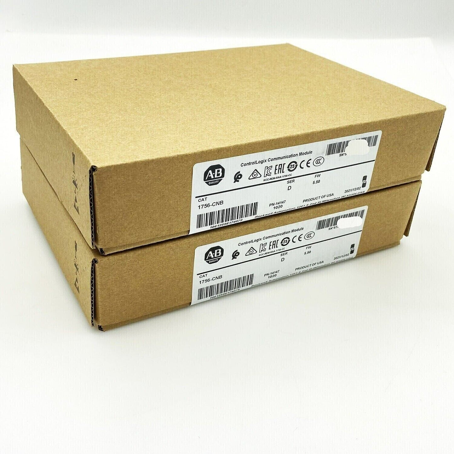 Allen-Bradley 1756-CNB ControlLogix Communication Module in packaging, product shot, new condition, Made in USA.