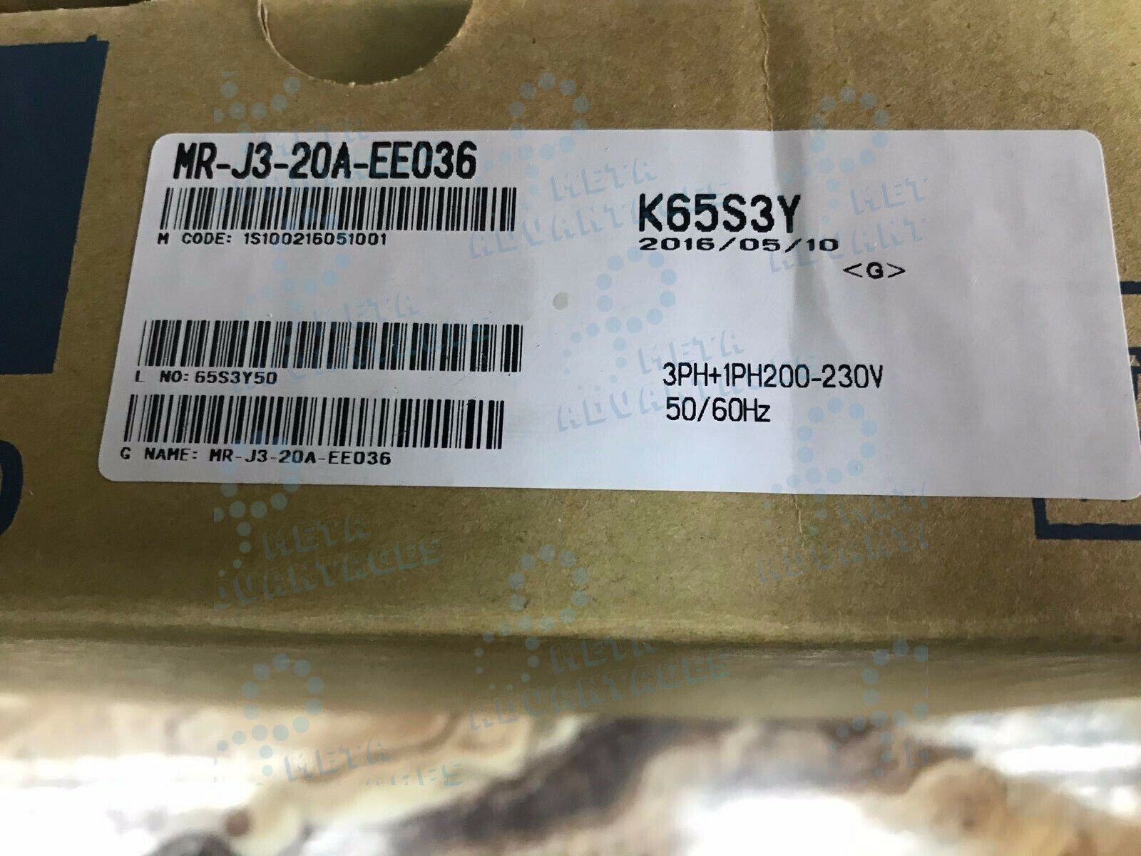 Mitsubishi MR-J3-20A-EE036 servo drive label with specifications, 3PH+1PH 200-230V, 50/60Hz.
