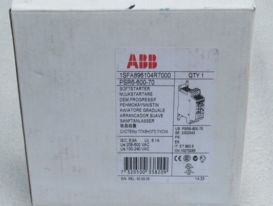 ABB PSR6-600-70 Soft Starter, industrial automation part, product packaging with model 1SFA896104R7000.