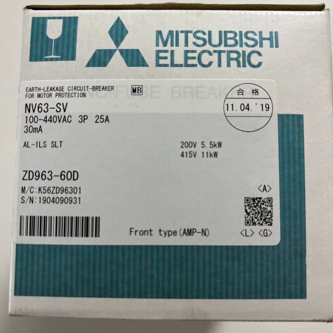 Mitsubishi NV63-SV 3P 25A Circuit Breaker with specifications and date. Industrial automation part.