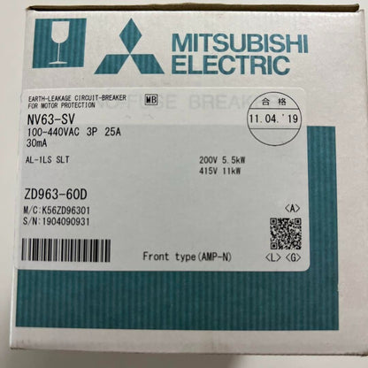 Mitsubishi NV63-SV 3P 25A Circuit Breaker with specifications and date. Industrial automation part.