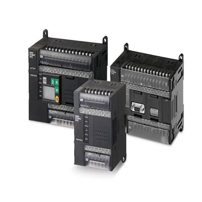 Omron Sysmac CP1E PLC modules, industrial automation components in black, various sizes