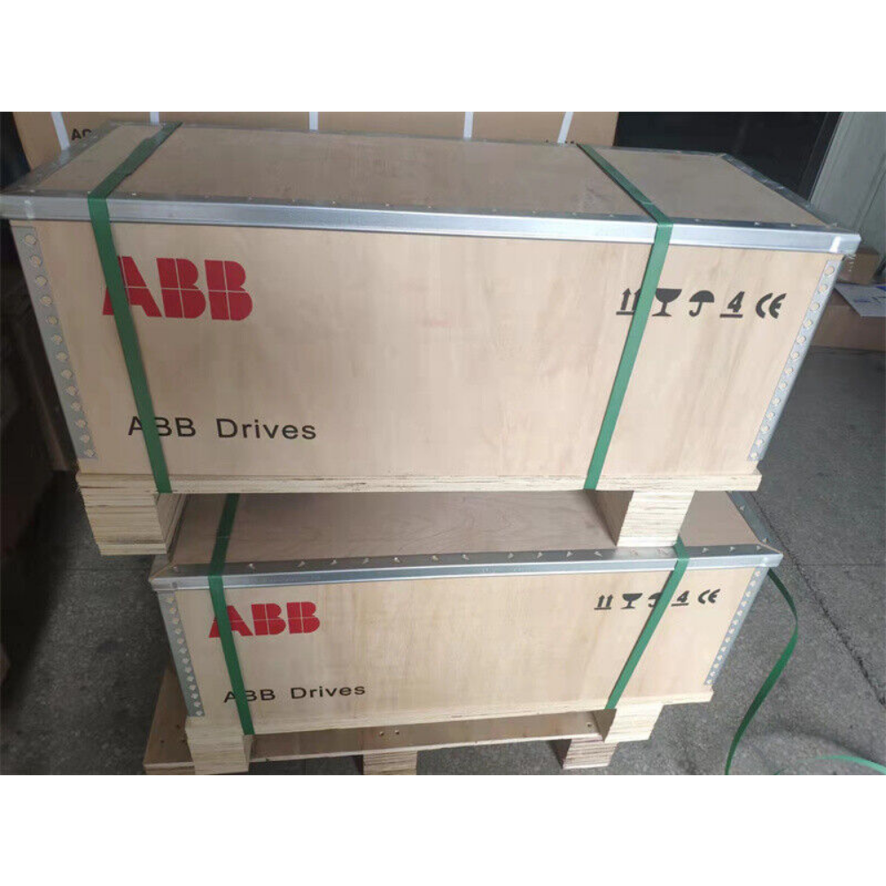 ABB ACS510 frequency converter in wooden shipping crates, ready for delivery. New ABB Drives.